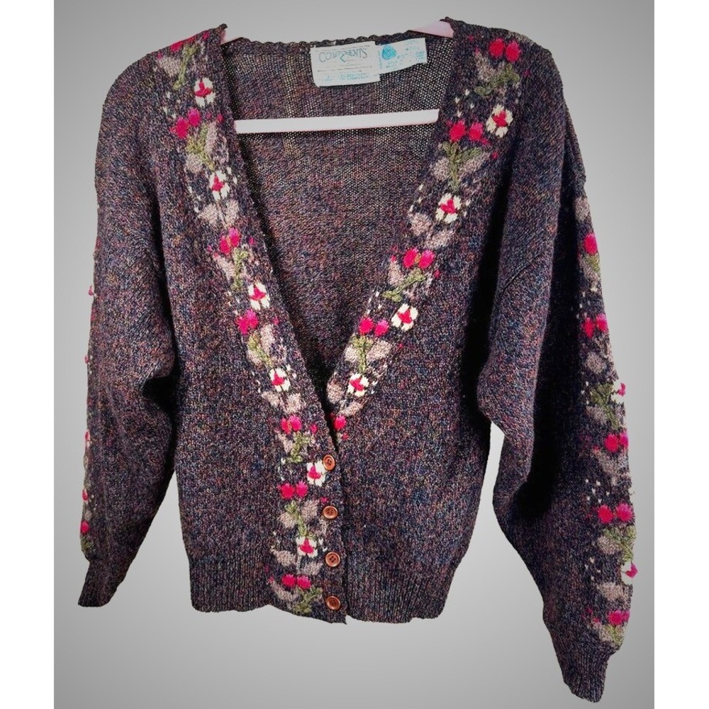 Vintage Susan Bristol Shetland Wool Floral Hand Embroidered‎ Cardigan